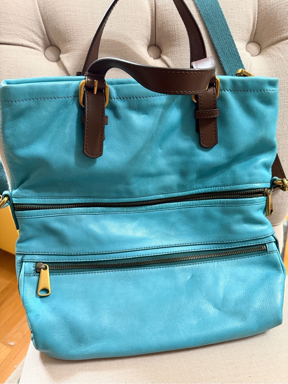 Fossil Turquoise Leather Tote Bag with Brown Trim